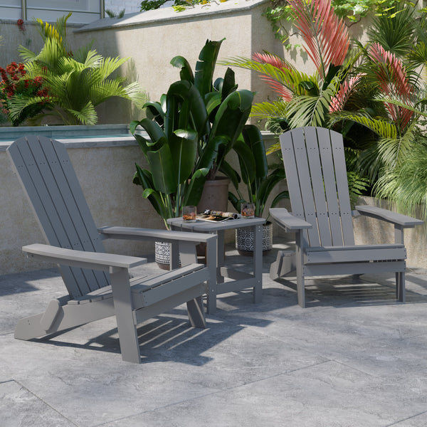 Gray |#| Set of 2 Indoor/Outdoor Folding Adirondack Chairs with Side Table in Gray