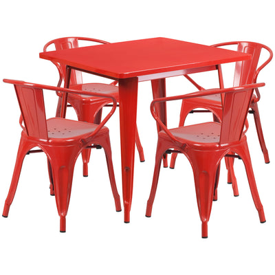 Commercial Grade 31.5" Square Metal Indoor-Outdoor Table Set with 4 Arm Chairs - View 1