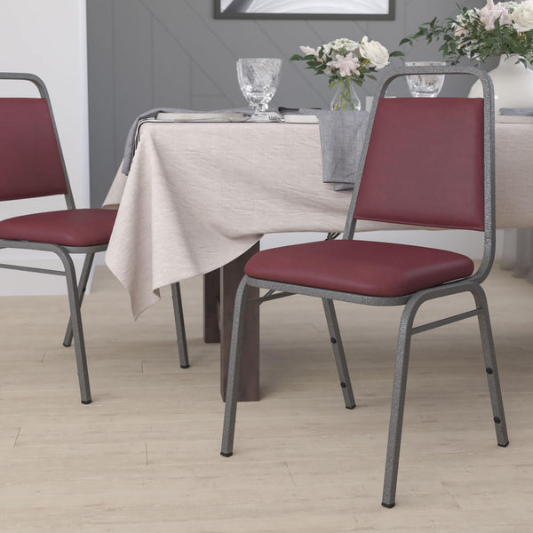 Burgundy Vinyl/Silver Vein Frame |#| Trapezoidal Back Stacking Banquet Chair in Burgundy Vinyl with 1.5inch Thick Seat