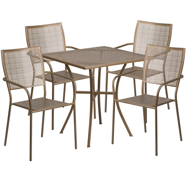 Gold |#| 28inch Square Gold Indoor-Outdoor Steel Patio Table Set with 4 Square Back Chairs