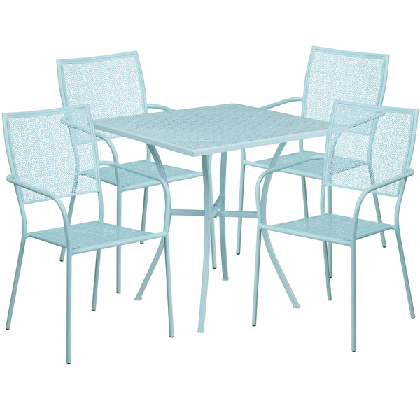 Sky Blue |#| 28inch Square Sky Blue Indoor-Outdoor Steel Patio Table Set - 4 Square Back Chairs