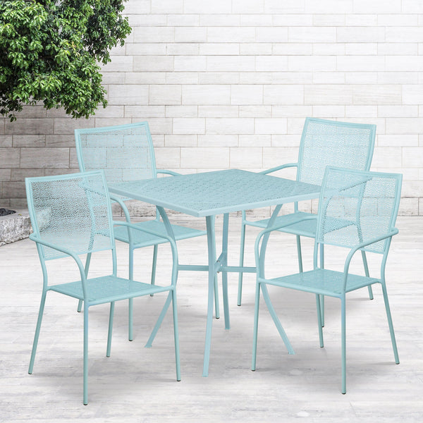 Sky Blue |#| 28inch Square Sky Blue Indoor-Outdoor Steel Patio Table Set - 4 Square Back Chairs