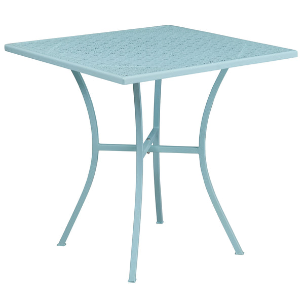 Sky Blue |#| 28inch Square Sky Blue Indoor-Outdoor Steel Patio Table Set - 4 Square Back Chairs
