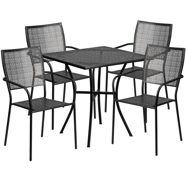 Black |#| 28inch Square Black Indoor-Outdoor Steel Patio Table Set with 4 Square Back Chairs
