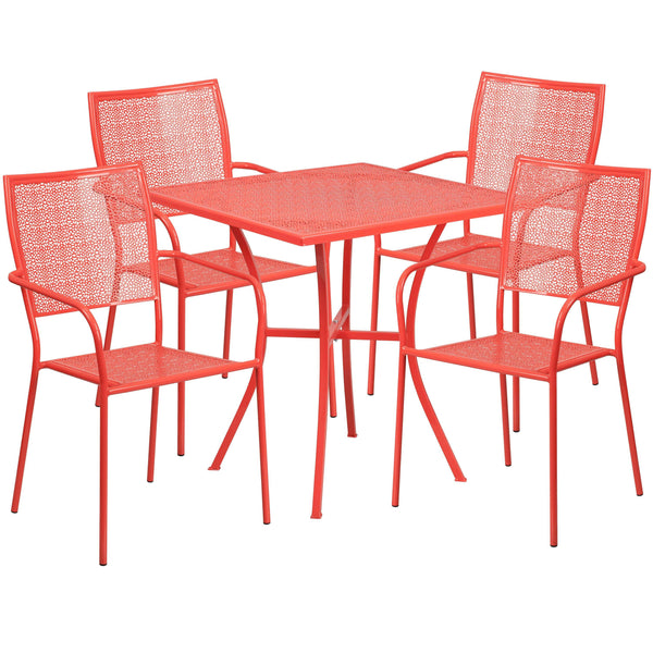 Coral |#| 28inch Square Coral Indoor-Outdoor Steel Patio Table Set with 4 Square Back Chairs