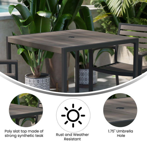 Gray Wash Teak |#| Steel All-Weather Patio Dining Table with Gray Wash Faux Teak Slat Top-Seats 4