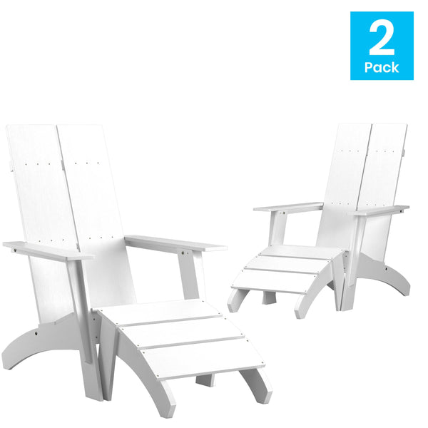 White |#| Set of 2 Indoor/Outdoor 2-Slat Adirondack Style Chairs & Footrests in White