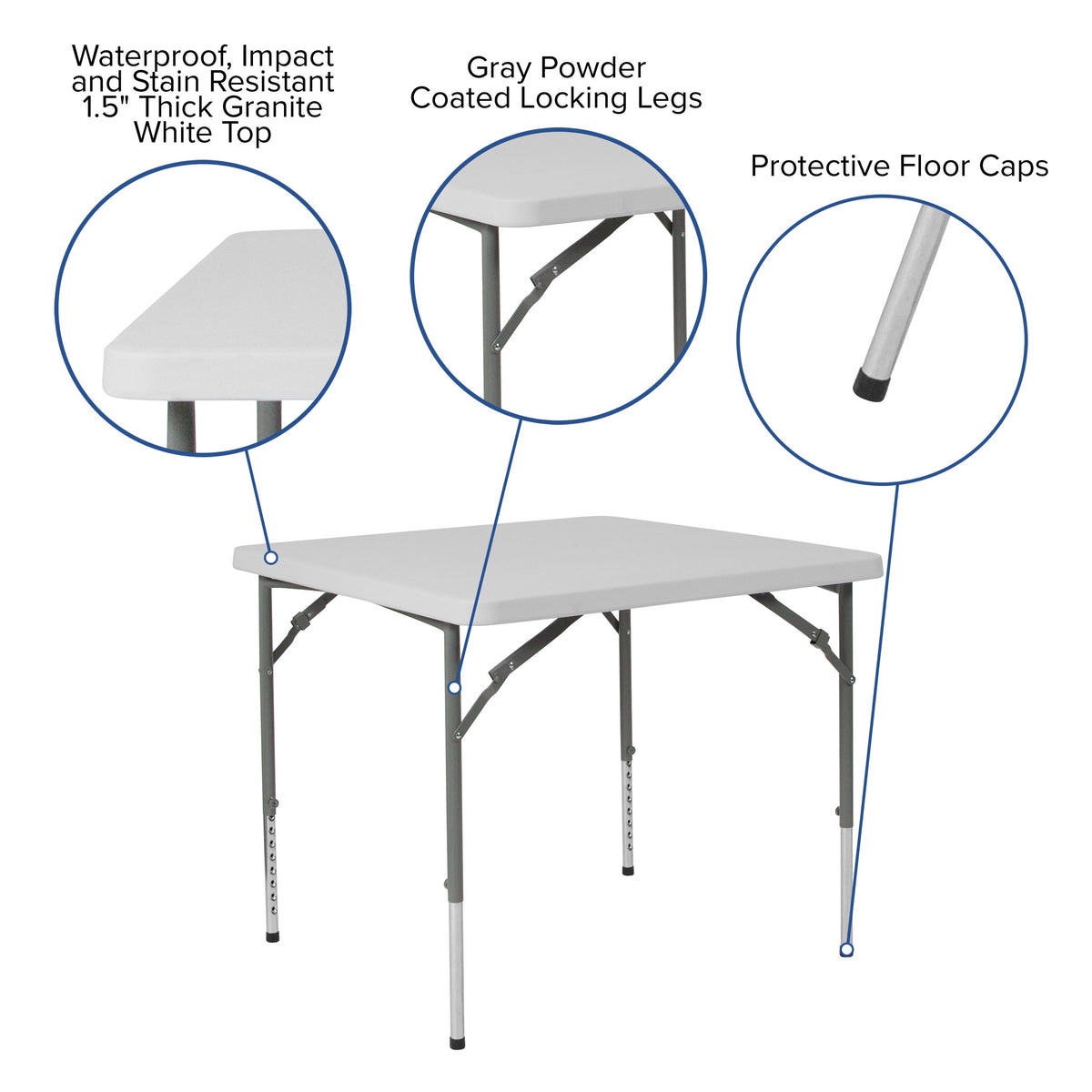 2.79-Foot Square Height Adjustable Granite White Plastic Folding Table