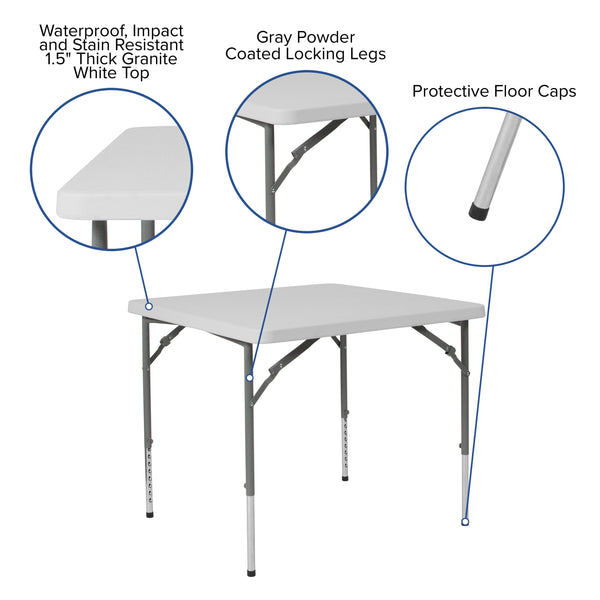 2.79-Foot Square Height Adjustable Granite White Plastic Folding Table