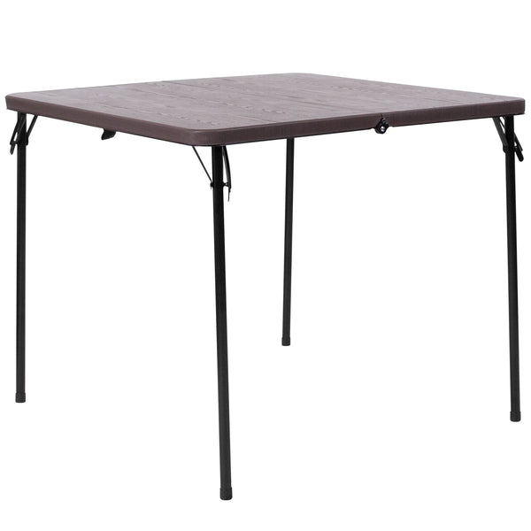 Brown |#| 2.83-Foot Square Bi-Fold Brown Wood Grain Plastic Folding Table with Handle