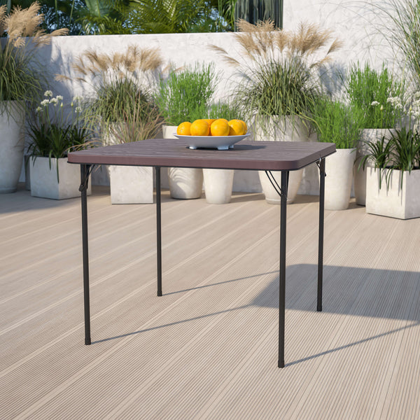 Brown |#| 2.83-Foot Square Bi-Fold Brown Wood Grain Plastic Folding Table with Handle