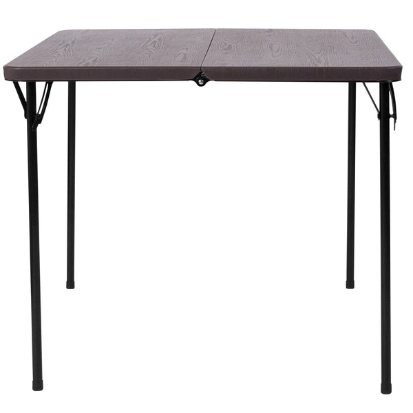 Brown |#| 2.83-Foot Square Bi-Fold Brown Wood Grain Plastic Folding Table with Handle