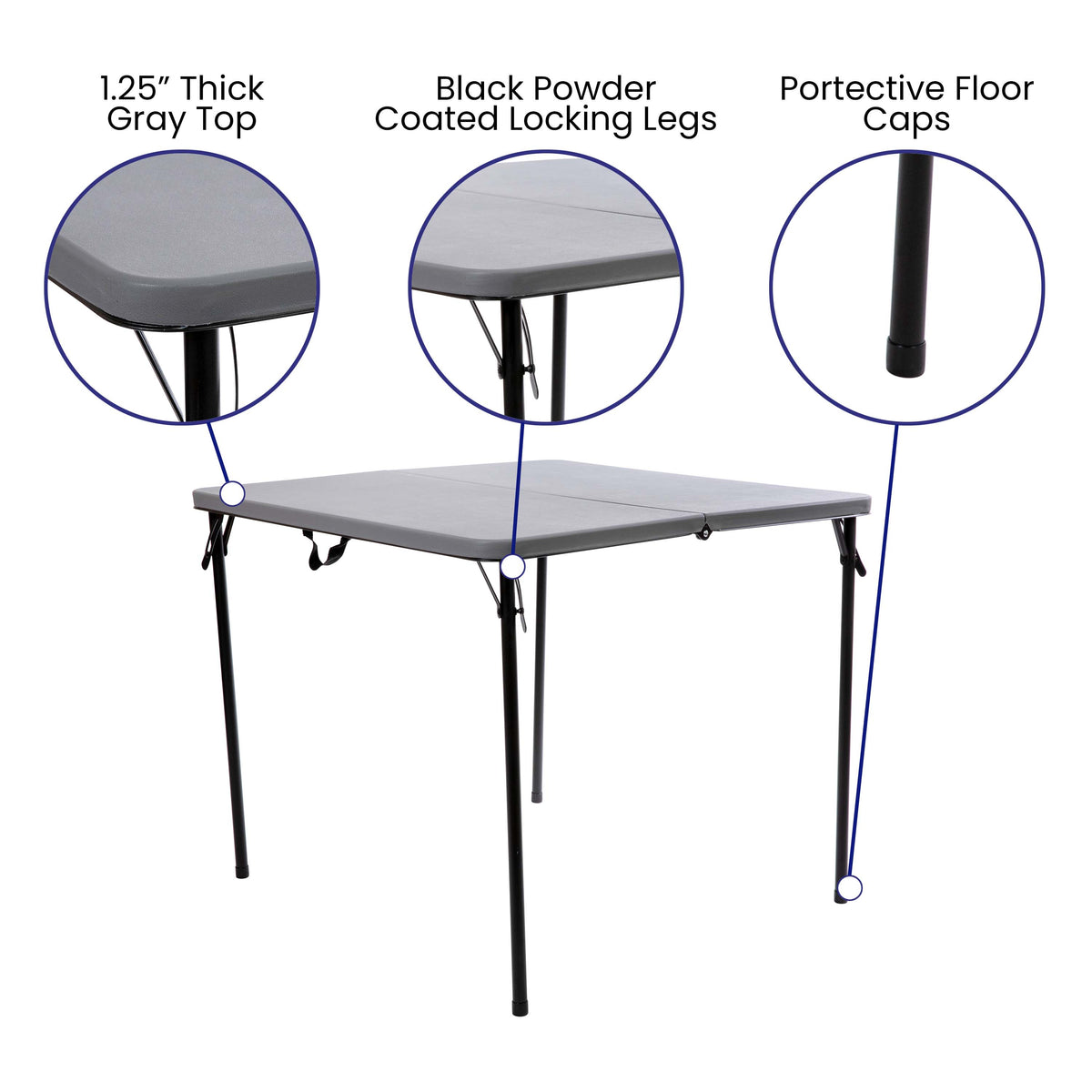 Gray |#| 2.83-Foot Square Bi-Fold Gray Plastic Folding Table with Carrying Handle