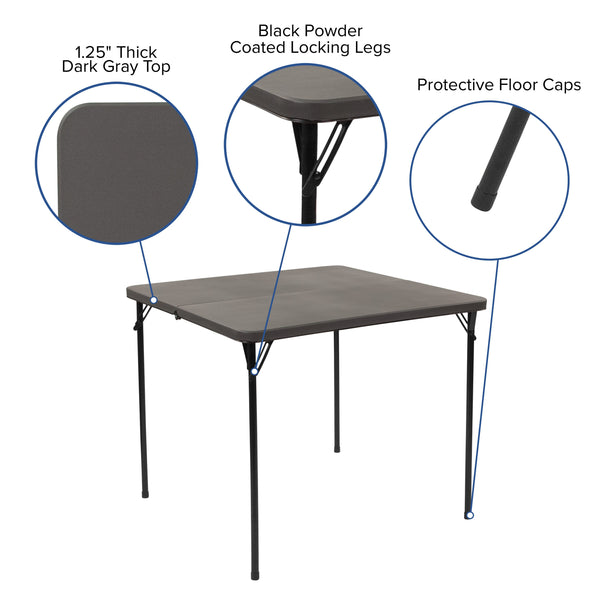 Dark Gray |#| 2.83-Foot Square Bi-Fold Dark Gray Plastic Folding Table with Carrying Handle