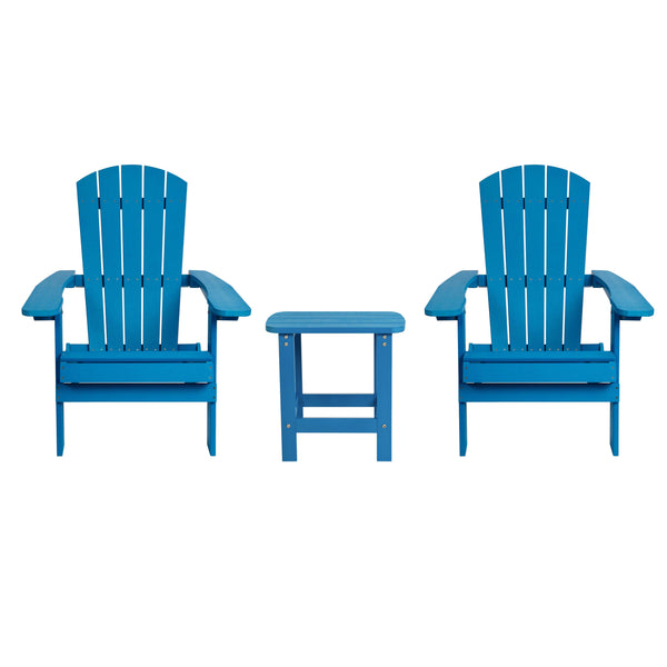 Blue |#| Set of 2 Indoor/Outdoor Folding Adirondack Chairs with Side Table in Blue