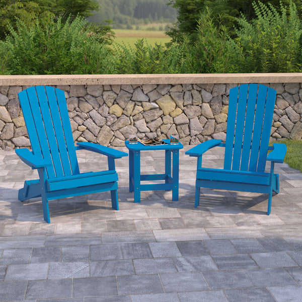 Blue |#| Set of 2 Indoor/Outdoor Folding Adirondack Chairs with Side Table in Blue