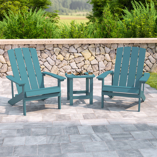 Sea Foam |#| Indoor/Outdoor Adirondack Style Side Table and 2 Chair Set in Sea Foam