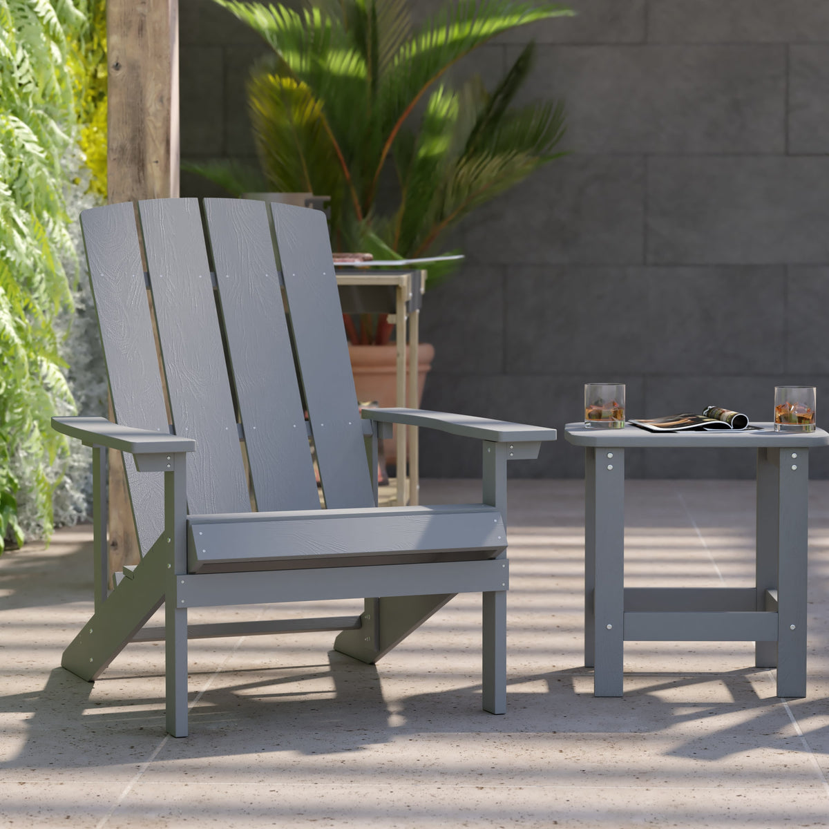 Gray |#| Indoor/Outdoor Adirondack Style Side Table and 2 Chair Set in Gray