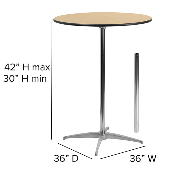 Natural |#| 36" Round Wood Commercial Grade Cocktail Table with 30" and 42" Columns