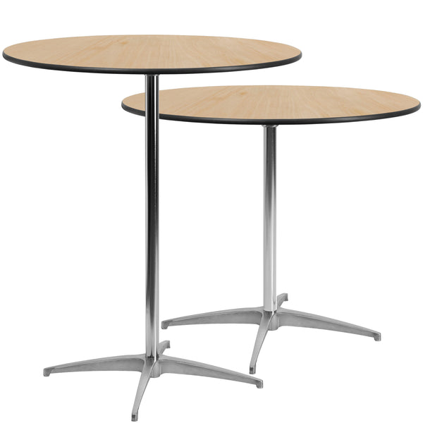 Natural |#| 36" Round Wood Commercial Grade Cocktail Table with 30" and 42" Columns