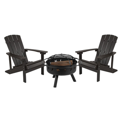 3 Piece Charlestown Poly Resin Wood Adirondack Chair Set with Fire Pit - Star and Moon Fire Pit with Mesh Cover