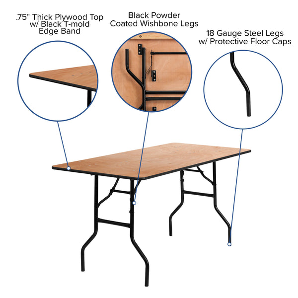5-Foot Rectangular Wood Folding Banquet Table with Clear Coated Finished Top