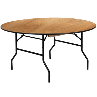 5-Foot Round Wood Folding Banquet Table with Clear Coated Finished Top