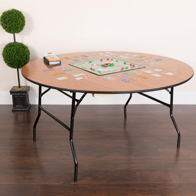 5-Foot Round Wood Folding Banquet Table with Clear Coated Finished Top