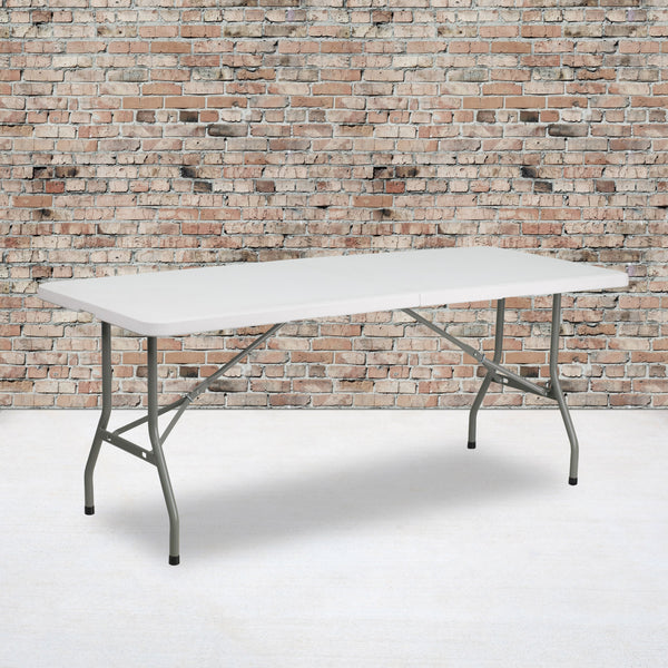 6-Foot Bi-Fold Granite White Plastic Folding Table with Carrying Handle