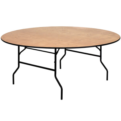 6-Foot Round Wood Folding Banquet Table with Clear Coated Finished Top - View 1