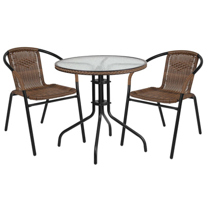 Barker 28'' Round Glass Metal Table with Rattan Edging and 2 Rattan Stack Chairs