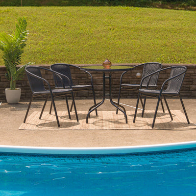 Barker 28'' Round Glass Metal Table with Rattan Edging and 4 Rattan Stack Chairs