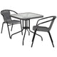 Clear/Gray |#| 28inch SQ Glass Metal Table with Gray Rattan Edging and 2 Gray Rattan Stack Chairs