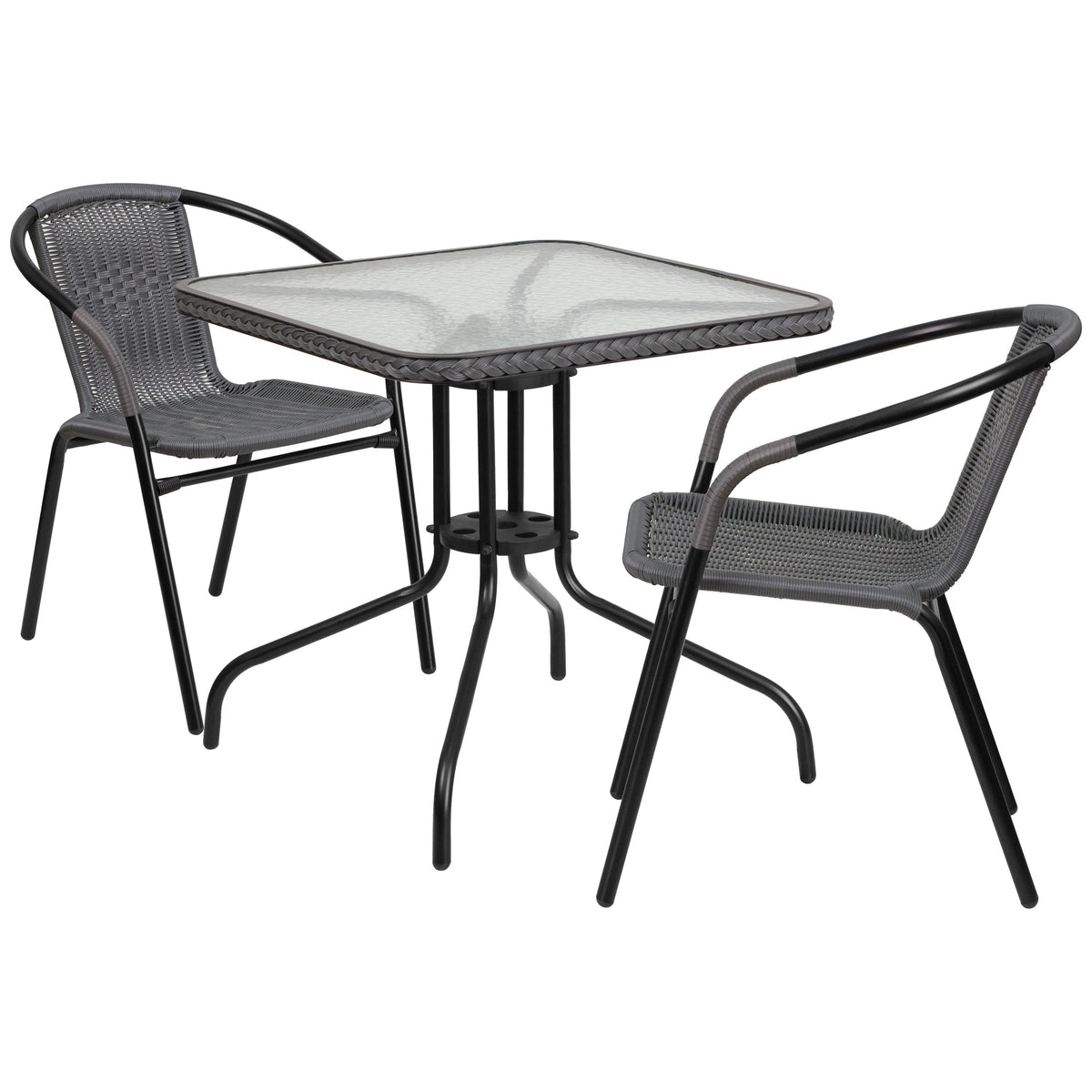 Clear/Gray |#| 28inch SQ Glass Metal Table with Gray Rattan Edging and 2 Gray Rattan Stack Chairs