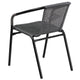 Clear/Gray |#| 28inch SQ Glass Metal Table with Gray Rattan Edging and 2 Gray Rattan Stack Chairs