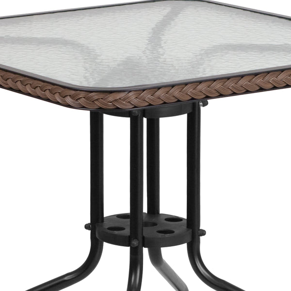 Clear/Dark Brown |#| 28inch SQ Glass Metal Table with Dk Brown Rattan Edging & 2 Dk Brown Rattan Chairs