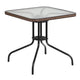 Clear/Dark Brown |#| 28inch SQ Glass Metal Table with Dk Brown Rattan Edging & 2 Dk Brown Rattan Chairs