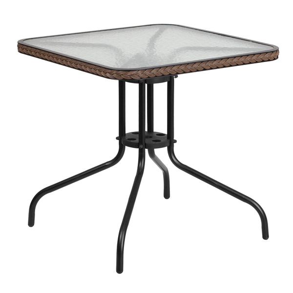 Clear/Dark Brown |#| 28inch SQ Glass Metal Table with Dk Brown Rattan Edging & 2 Dk Brown Rattan Chairs