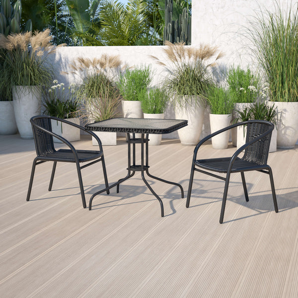 Clear/Black |#| 28inch SQ Glass Metal Table with Black Rattan Edging & 2 Black Rattan Stack Chairs