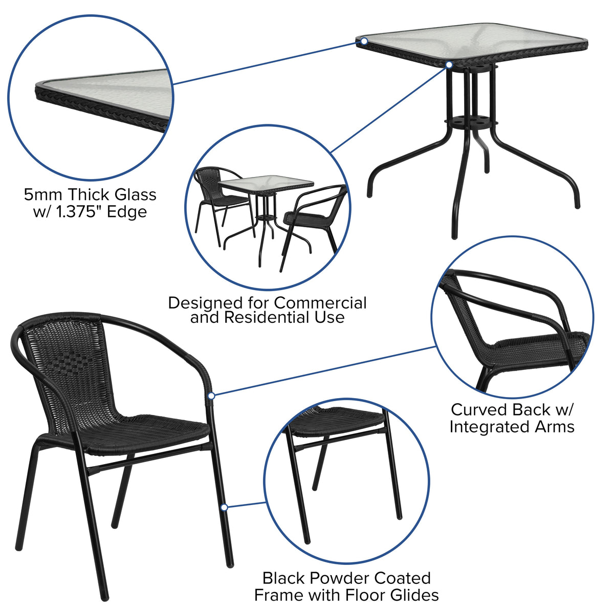 Clear/Black |#| 28inch SQ Glass Metal Table with Black Rattan Edging & 2 Black Rattan Stack Chairs