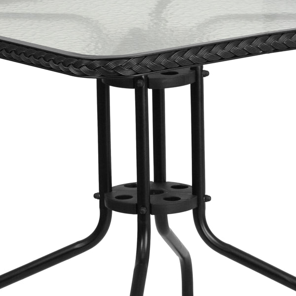 Clear/Black |#| 28inch SQ Glass Metal Table with Black Rattan Edging & 2 Black Rattan Stack Chairs