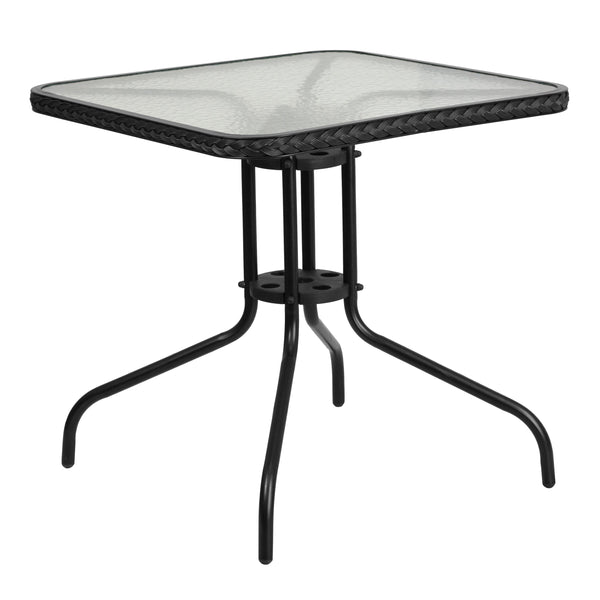 Clear/Black |#| 28inch SQ Glass Metal Table with Black Rattan Edging & 2 Black Rattan Stack Chairs