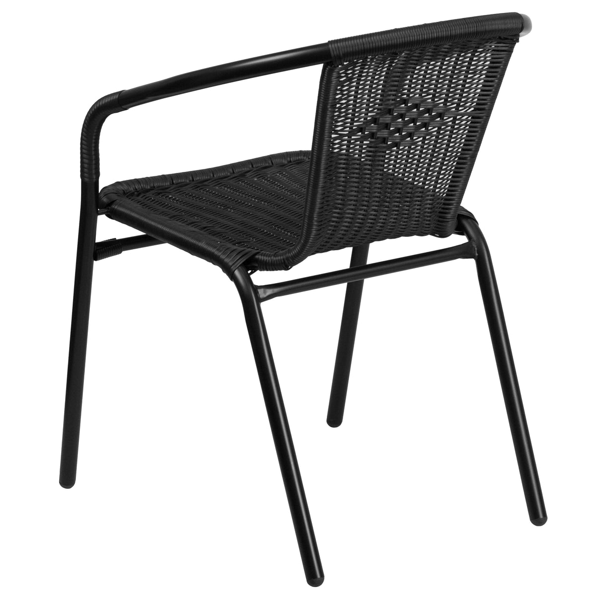 Clear/Black |#| 28inch SQ Glass Metal Table with Black Rattan Edging & 2 Black Rattan Stack Chairs