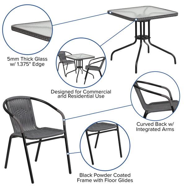 Clear/Gray |#| 28inch SQ Glass Metal Table with Gray Rattan Edging and 2 Gray Rattan Stack Chairs