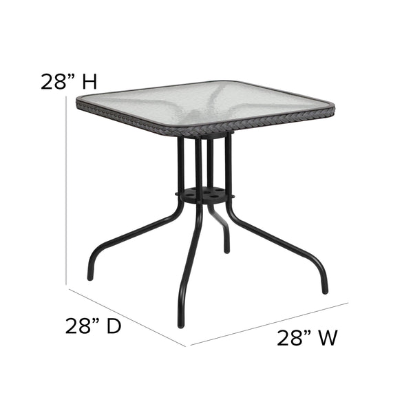 Clear/Gray |#| 28inch SQ Glass Metal Table with Gray Rattan Edging and 2 Gray Rattan Stack Chairs