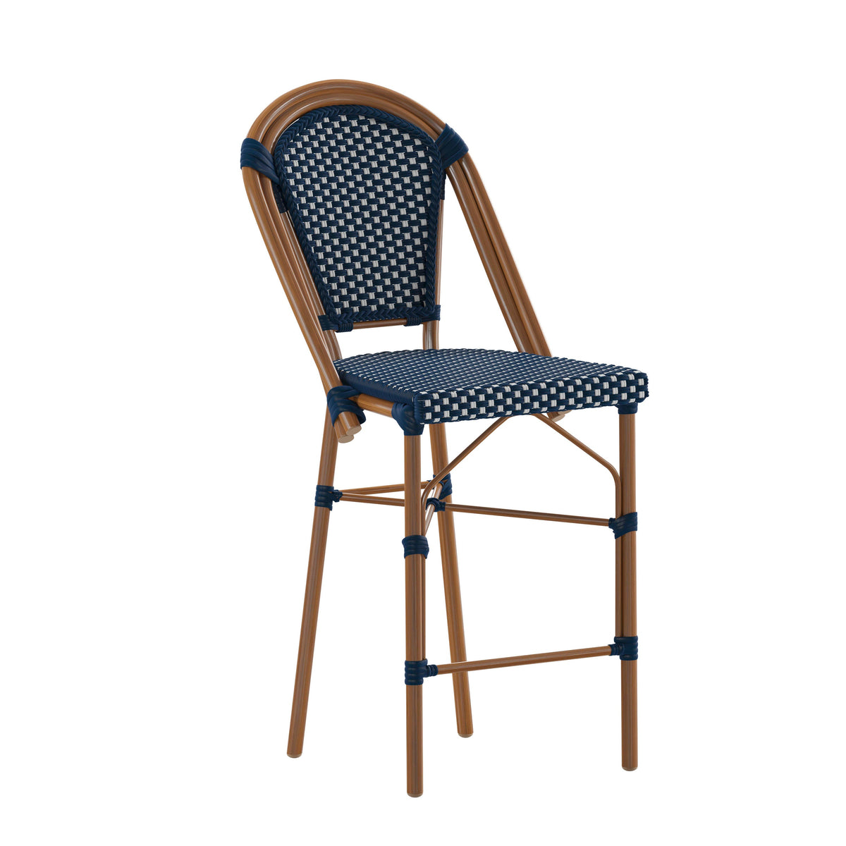 Navy & White/Natural Frame |#| All-Weather Commercial Paris Stool with Bamboo Print Metal Frame-Navy/White