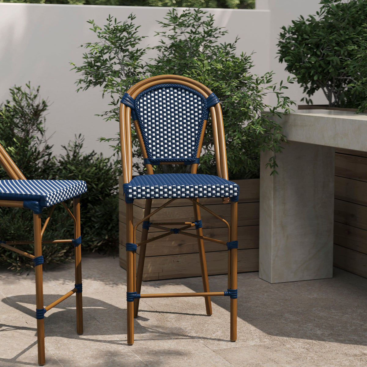 Navy & White/Natural Frame |#| All-Weather Commercial Paris Stool with Bamboo Print Metal Frame-Navy/White