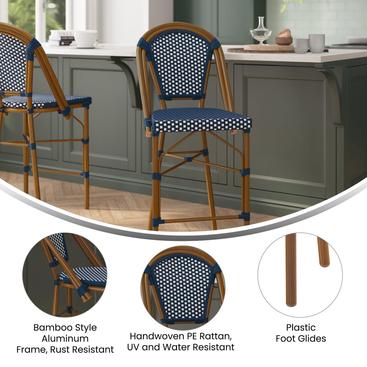 Navy & White/Natural Frame |#| All-Weather Commercial Paris Stool with Bamboo Print Metal Frame-Navy/White