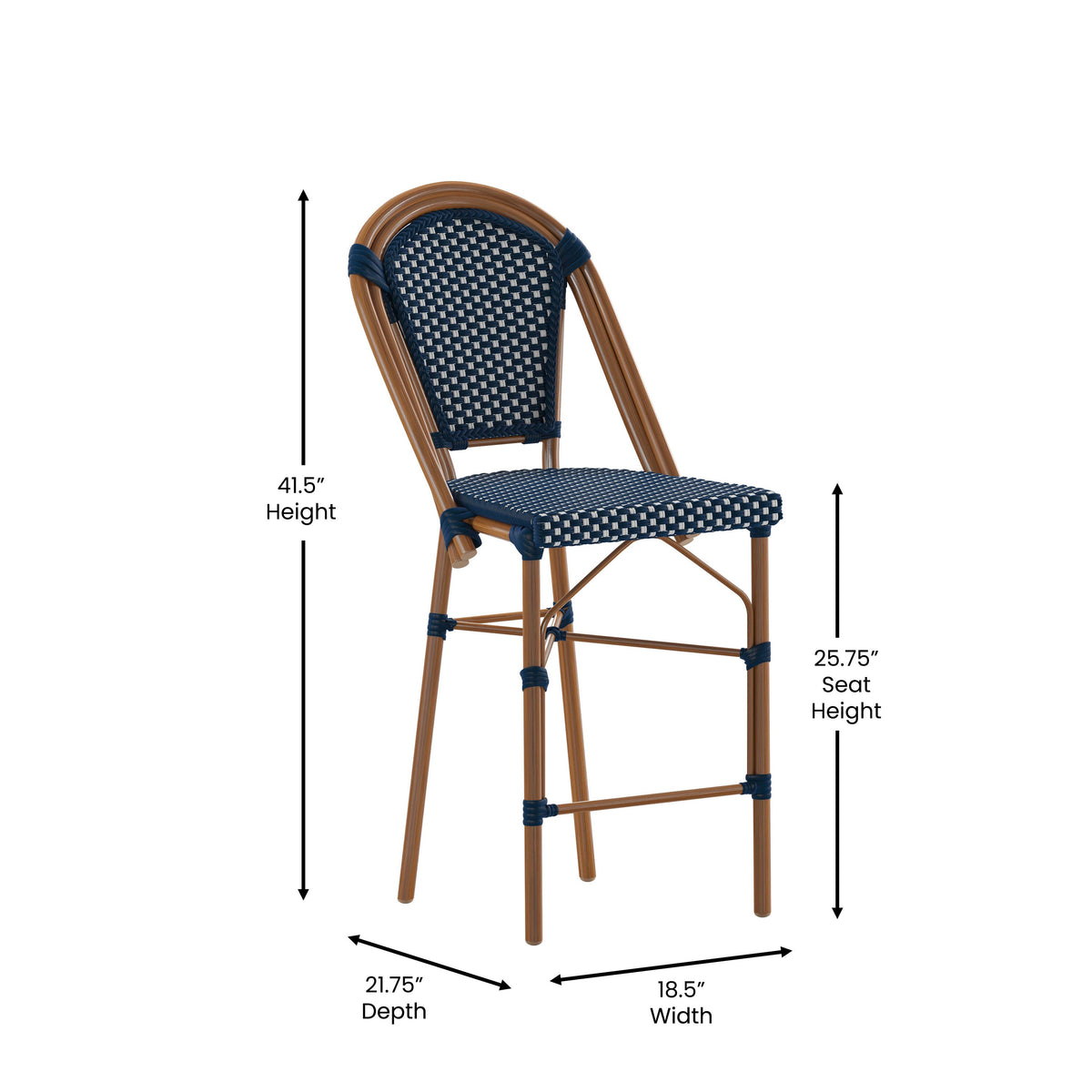 Navy & White/Natural Frame |#| All-Weather Commercial Paris Stool with Bamboo Print Metal Frame-Navy/White