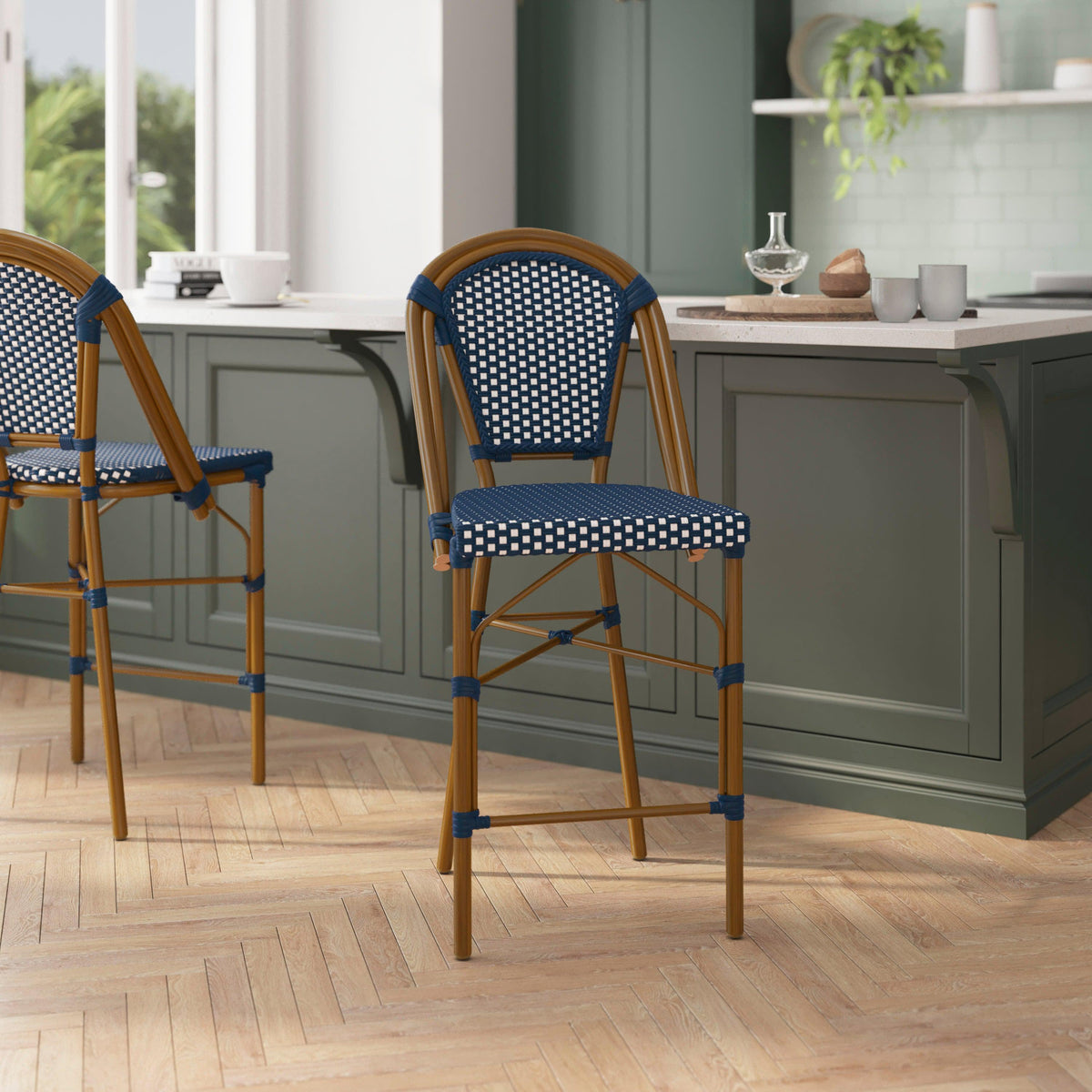 Navy & White/Natural Frame |#| All-Weather Commercial Paris Stool with Bamboo Print Metal Frame-Navy/White